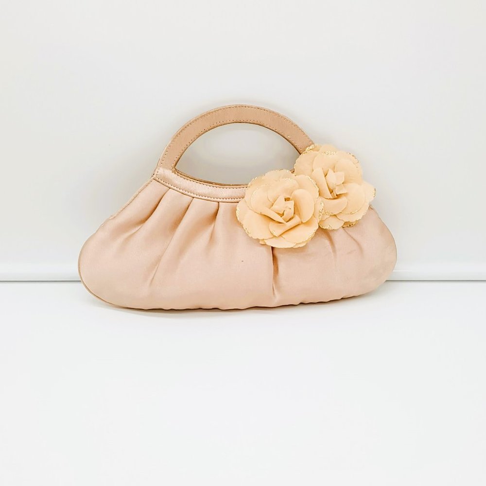 Stephanie Small Pleated Champagne Handbag Satchel with Sheer Silk Flowers